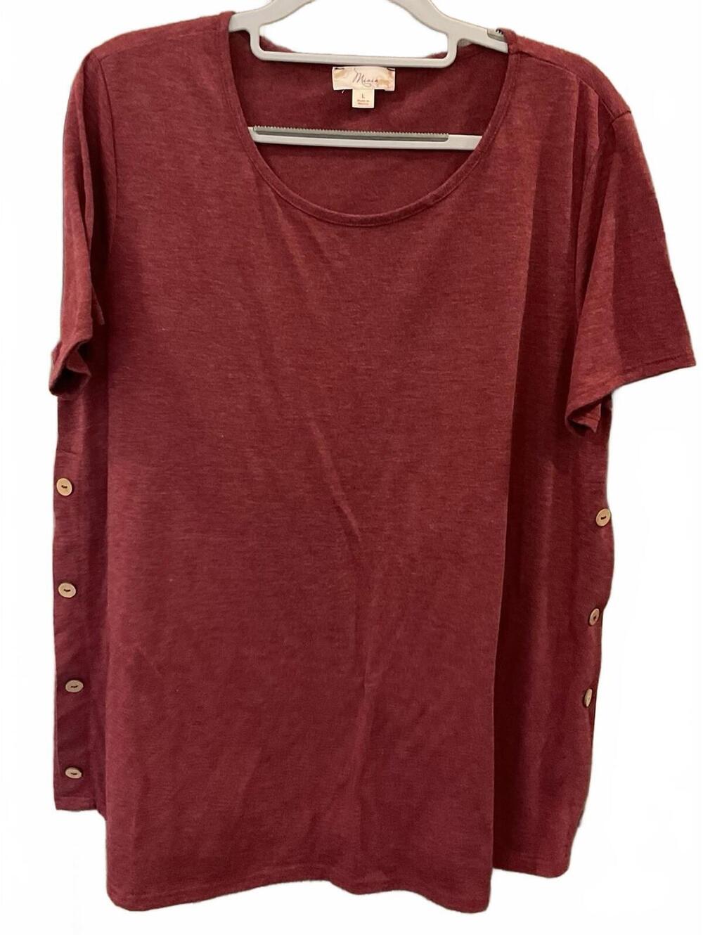Misia Womens Round Neck Short Sleeve Tee W/ Button Sides Size L